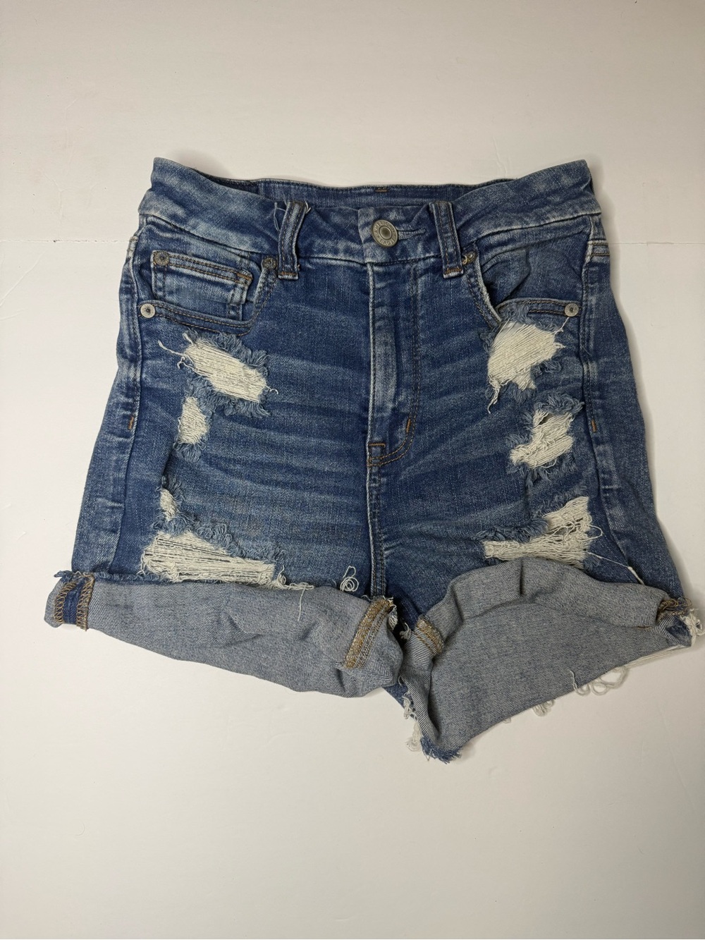 American Eagle Outfitters Distressed Rolled-Hem Denim Shorts - Blue - Picture 1 of 3